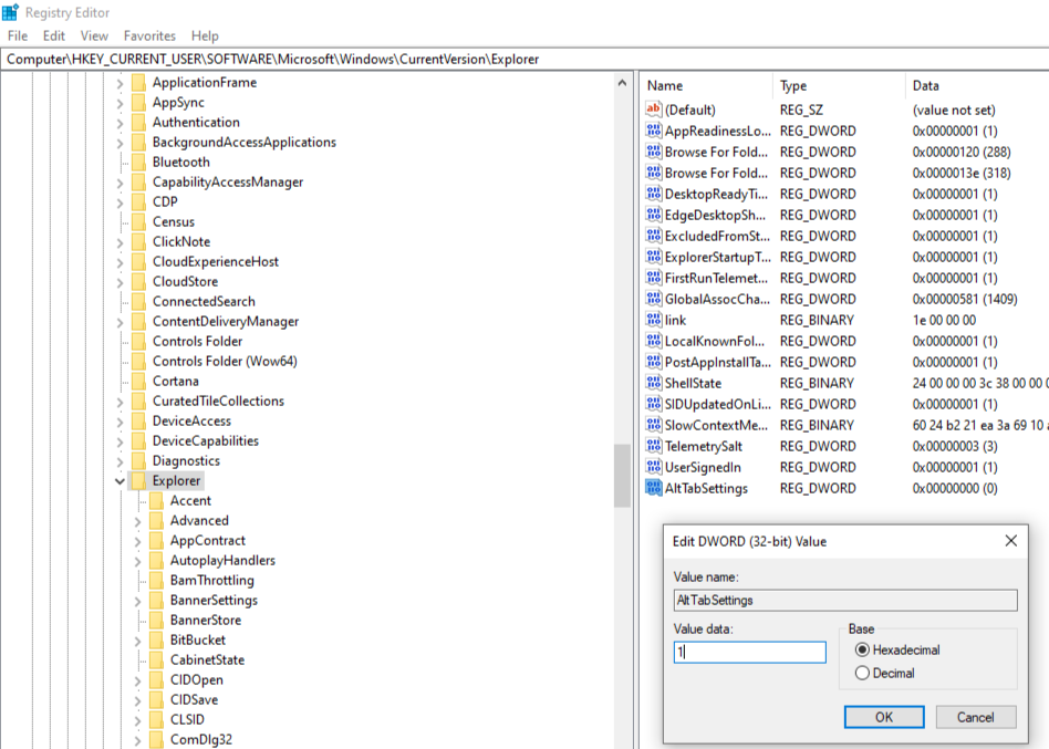 Изменение значения параметра AltTabSettings в редакторе реестра