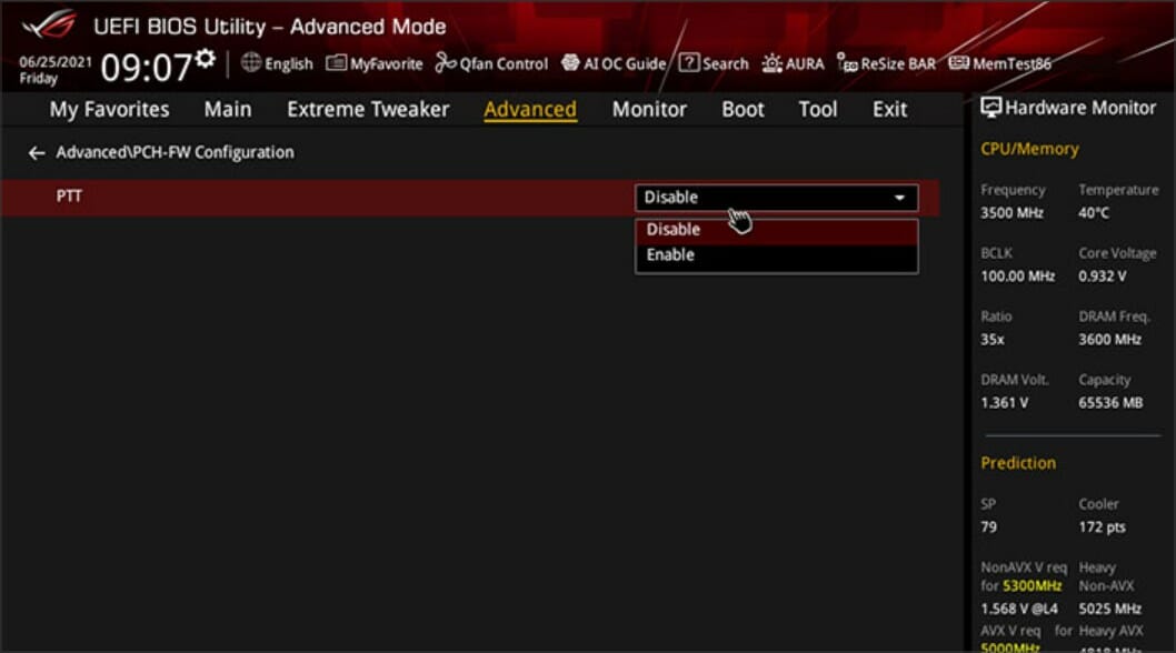 ASUS — включение PTT в BIOS