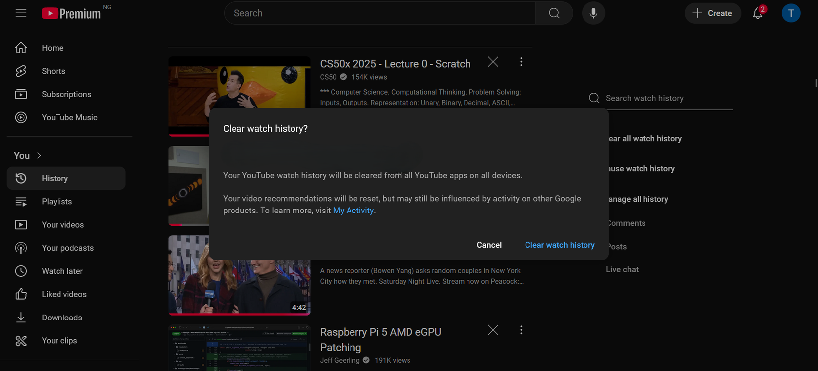 Очистить историю просмотров YouTube