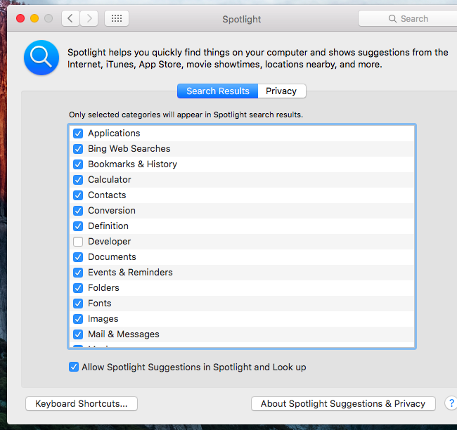 Появление категории Developer в настройках Spotlight после создания Xcode.app
