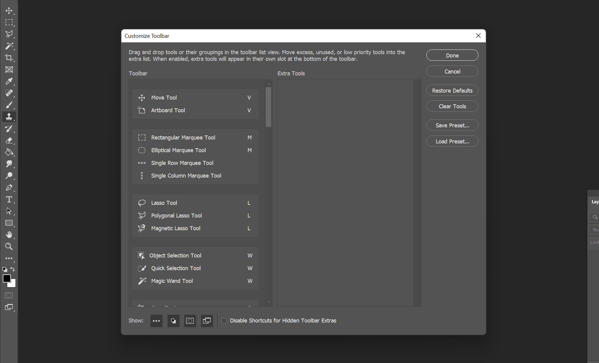 Настройки панели инструментов в Photoshop.