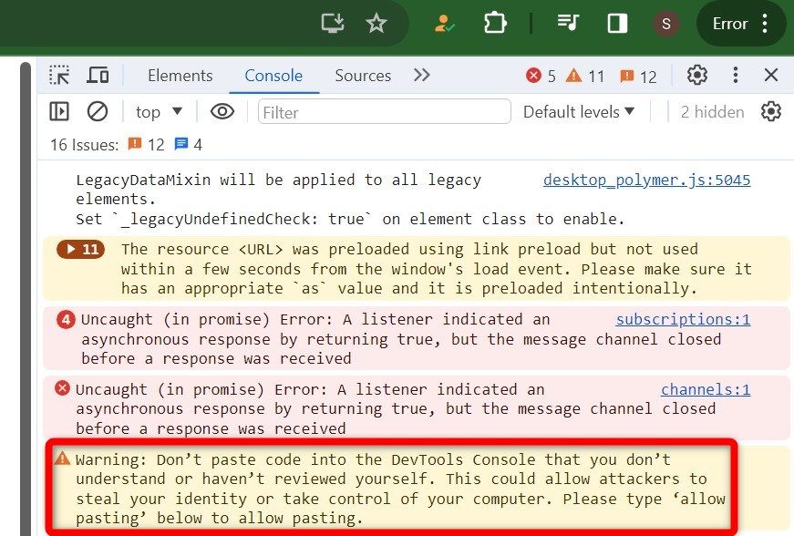 Предупреждение при вставке кода в Inspect Element и пример ввода allow pasting.