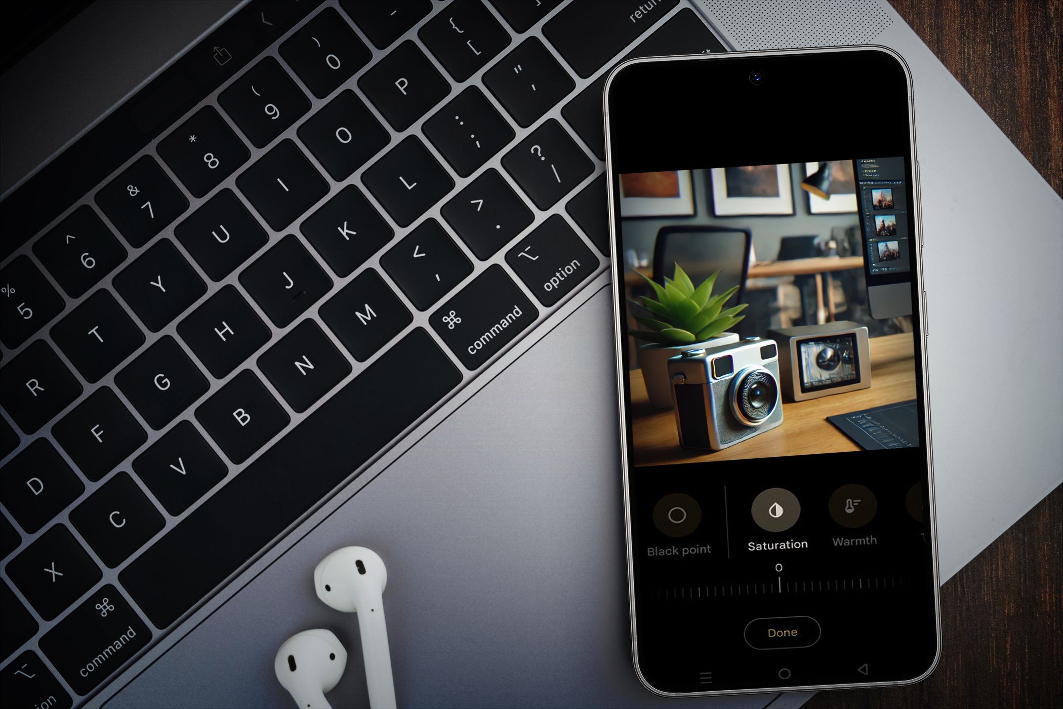 Смартфон с приложением для редактирования фото на клавиатуре ноутбука и наушниками рядом.