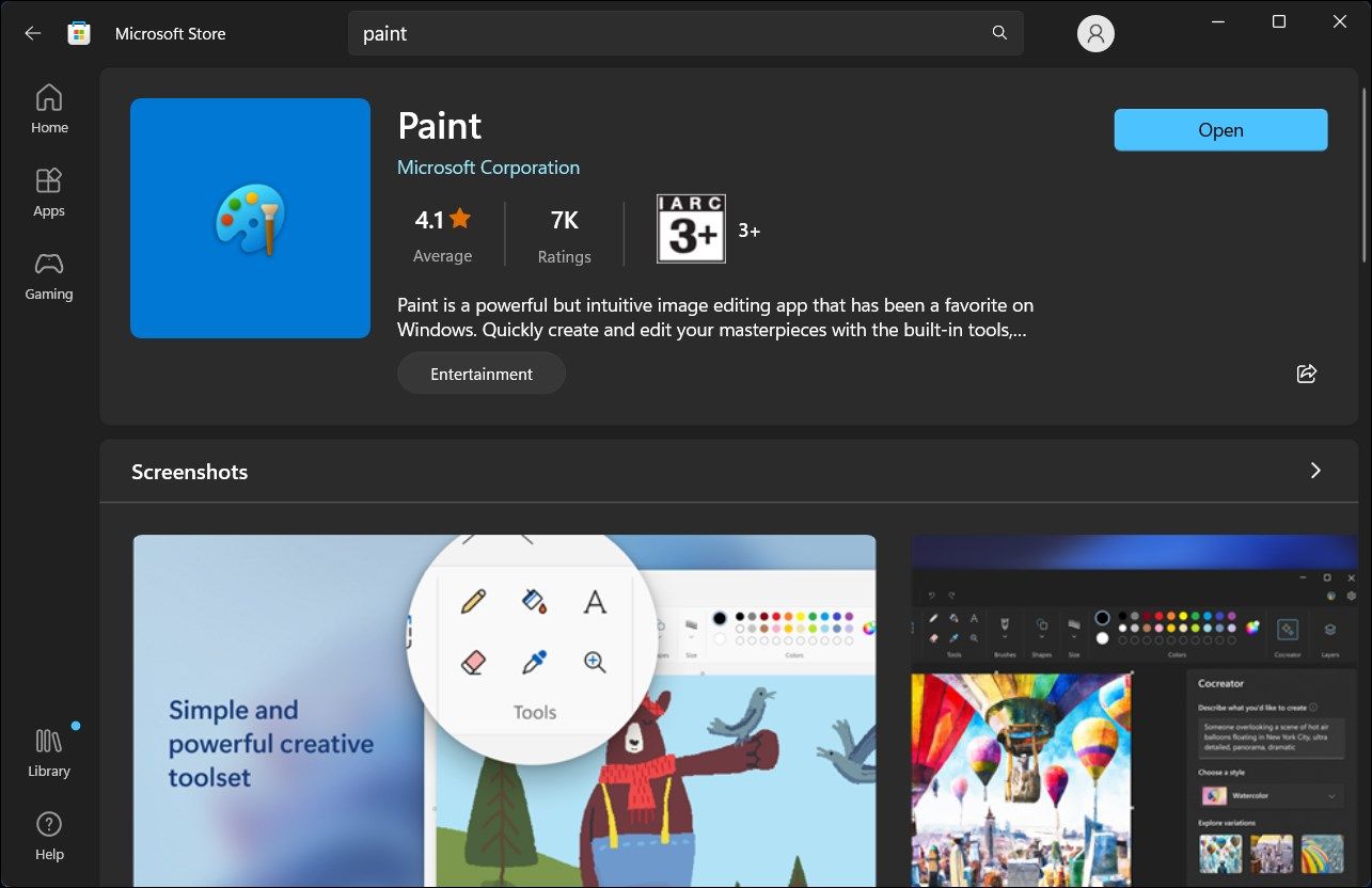 Окно Microsoft Store с приложением Microsoft Paint на Windows 11