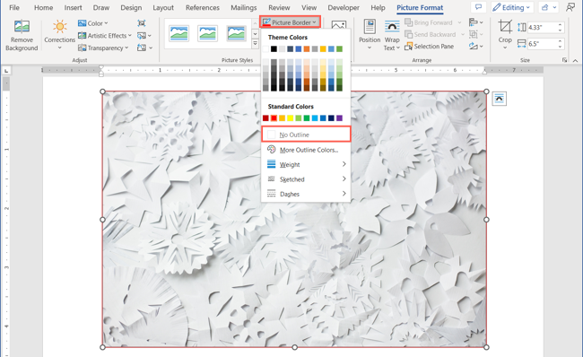 Выбор 'Нет контура' в меню 'Контур рисунка' на вкладке 'Формат рисунка'
