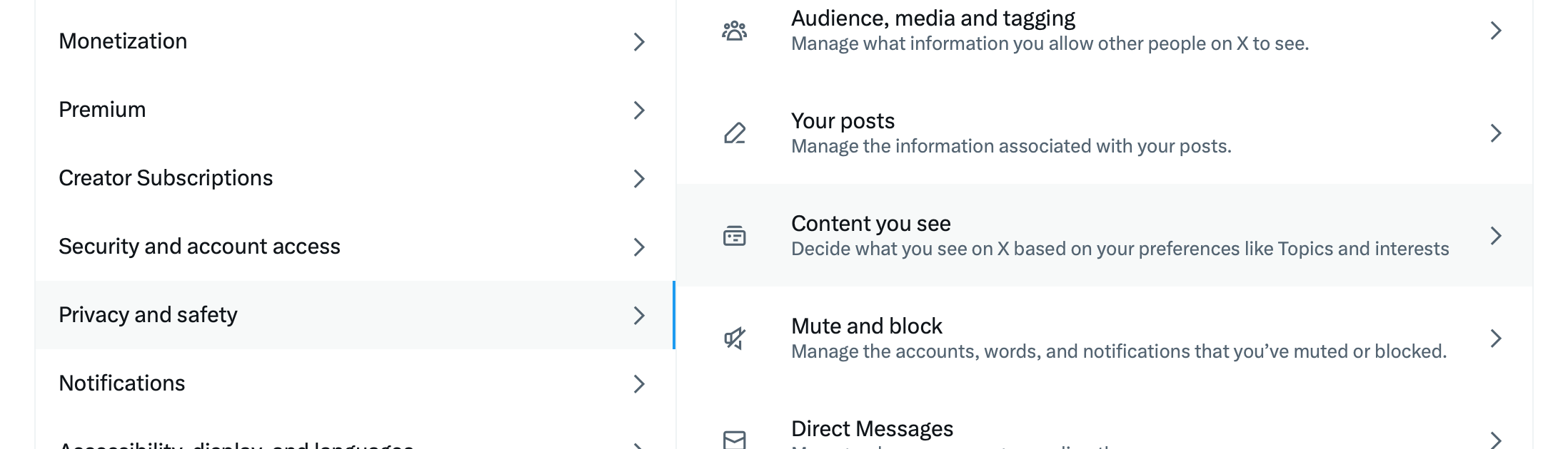 Доступ к настройкам контента в X (Twitter).