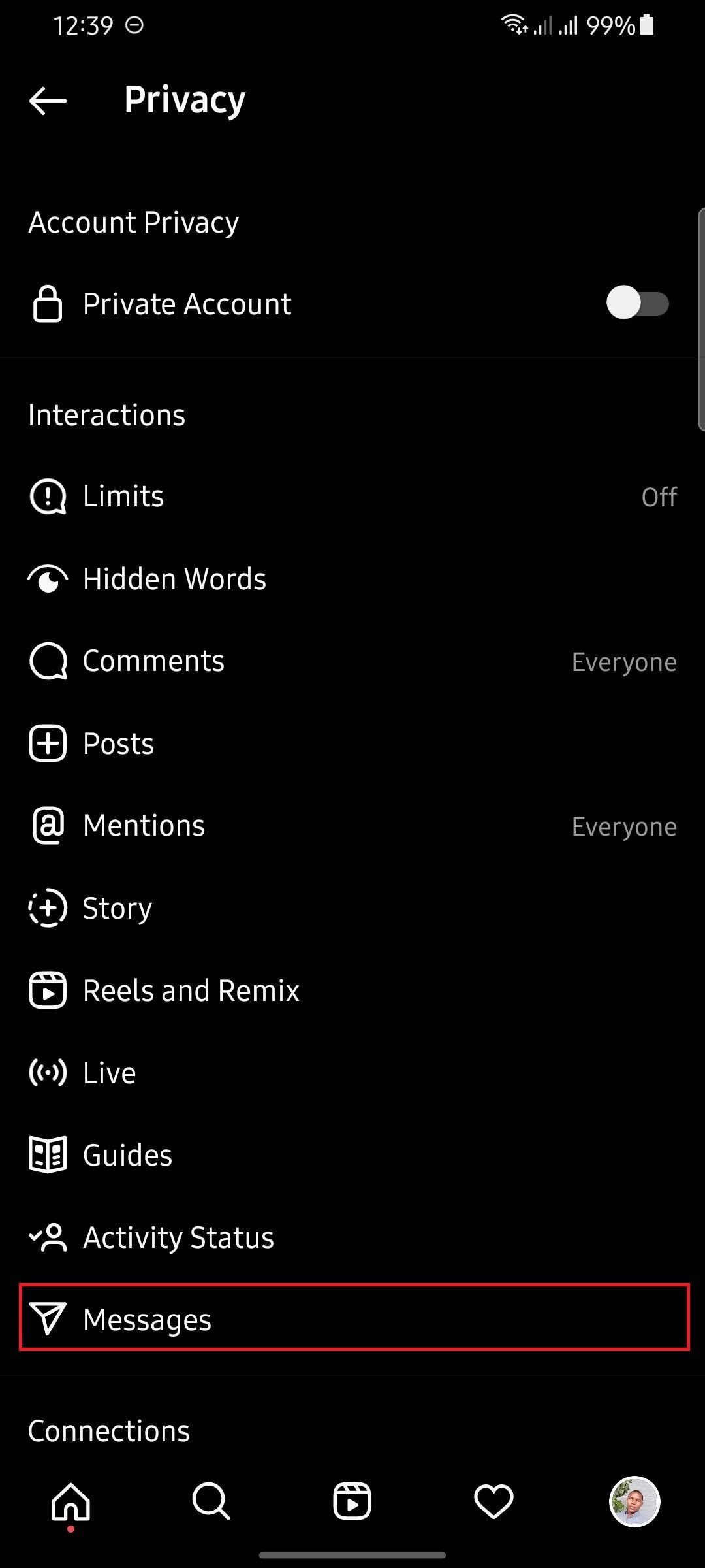 Скриншот раздела Конфиденциальность в Instagram