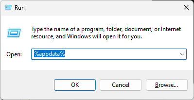 Окно «Выполнить» на Windows с введённой командой %appdata%