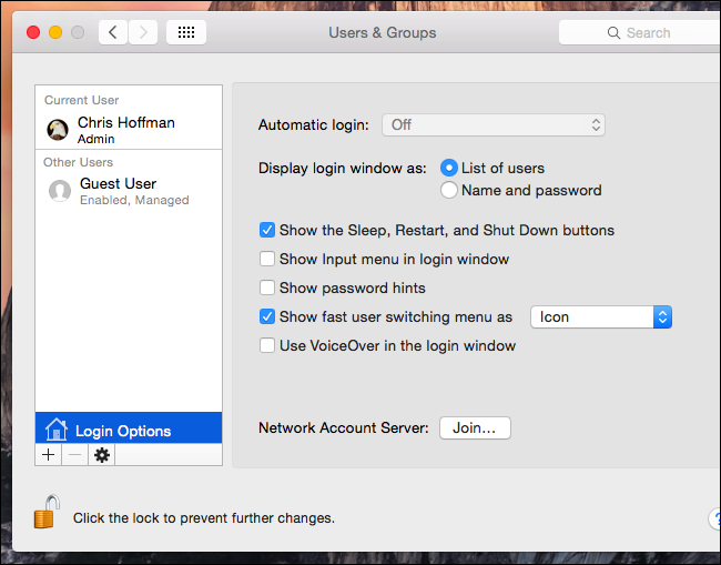 Параметры быстрой смены пользователя в Системных настройках