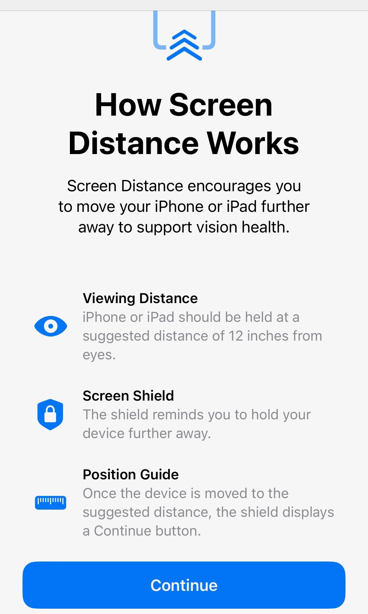 Скриншот iPhone с подробным объяснением работы Screen Distance.