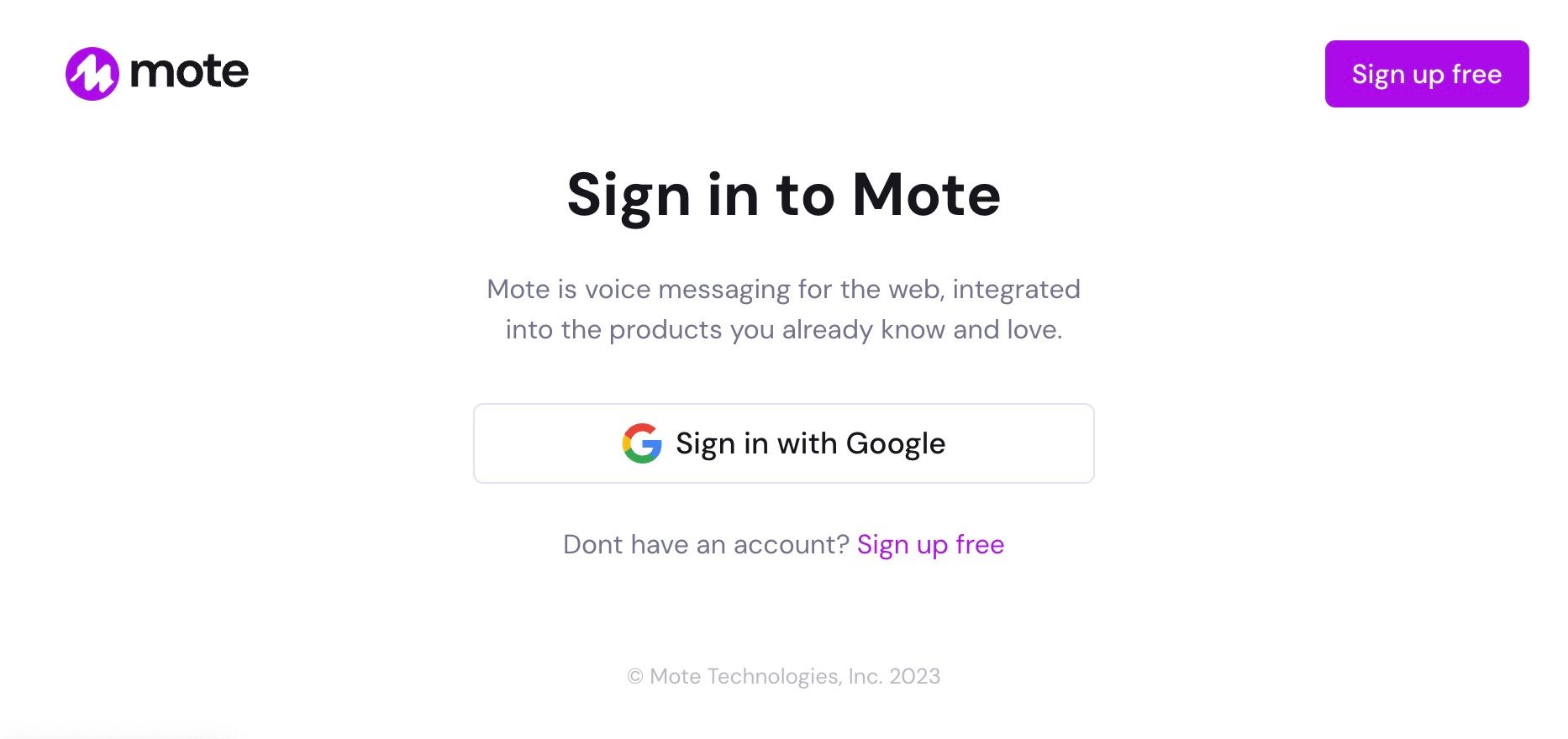 Страница входа в Mote