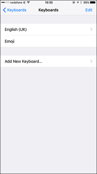 Альтернативный скриншот экрана клавиатур в настройках iOS