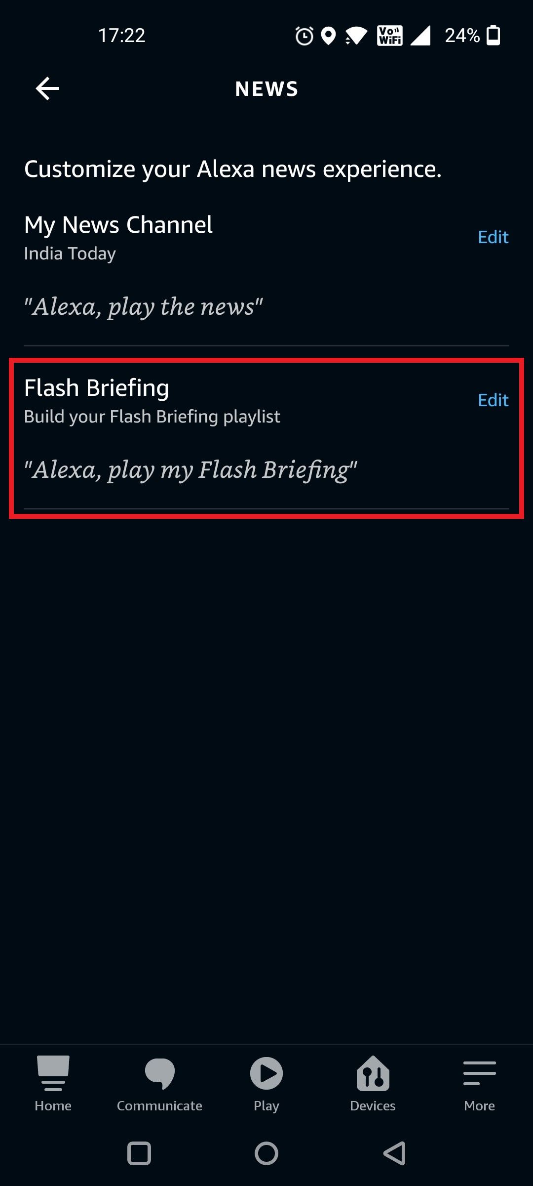 Нажмите на Flash Briefing на странице Новости