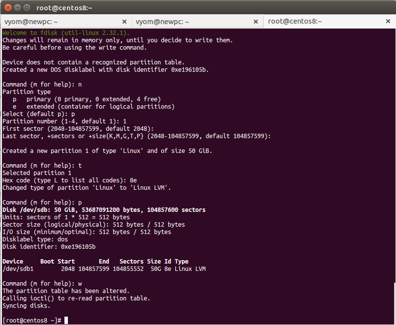 Интерактивный сеанс fdisk для создания раздела