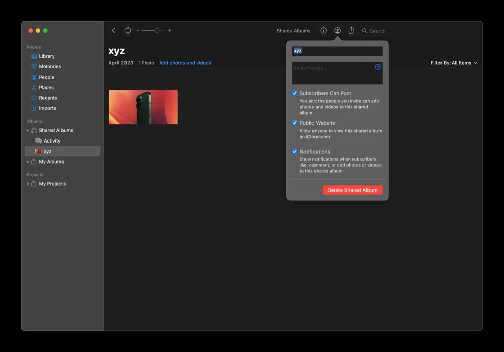 Включение «Публичного веб‑сайта» для общего альбома на Mac