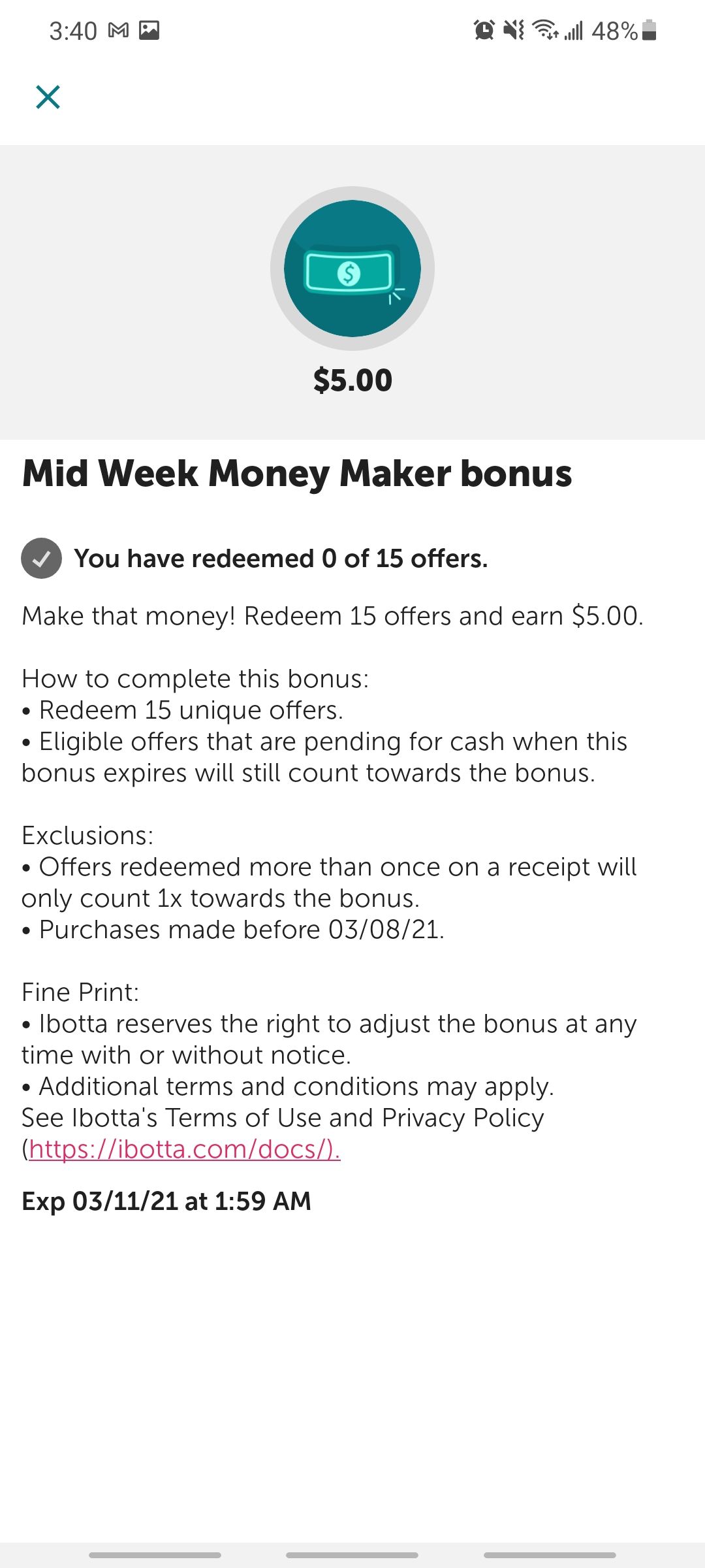 ibotta mid week money maker bonus cash back offer