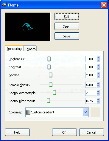 Окно генератора пламени с превью и вкладками Camera и Edit