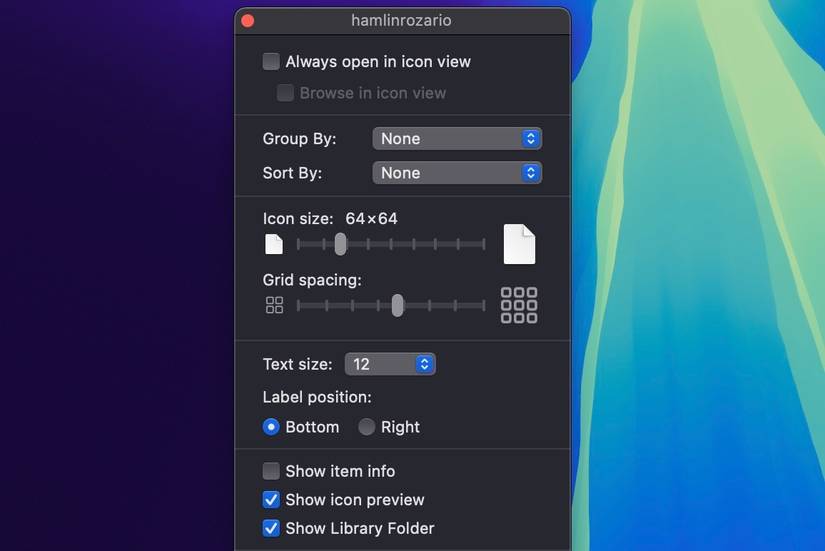 Окно 'Параметры просмотра' в Finder