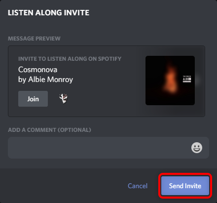 Просмотр приглашения на совместное прослушивание Spotify в Discord