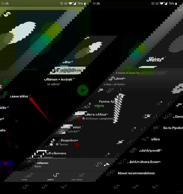 Меню дополнительных опций плейлиста с возможностью выхода из Blend и другими действиями