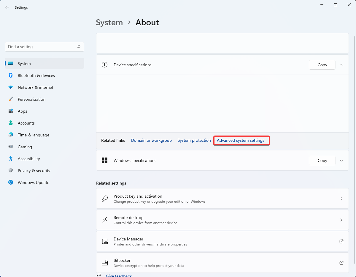 Переход к расширенным параметрам системы