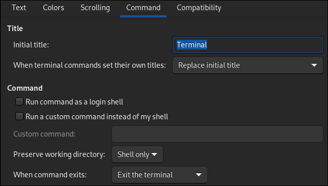 Скриншот вкладки Command в настройках GNOME Terminal