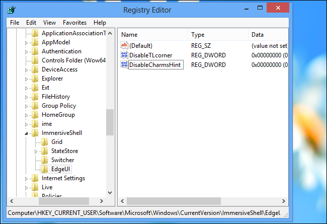 Скриншот: два созданных DWORD значения — DisableTLcorner и DisableCharmsHint