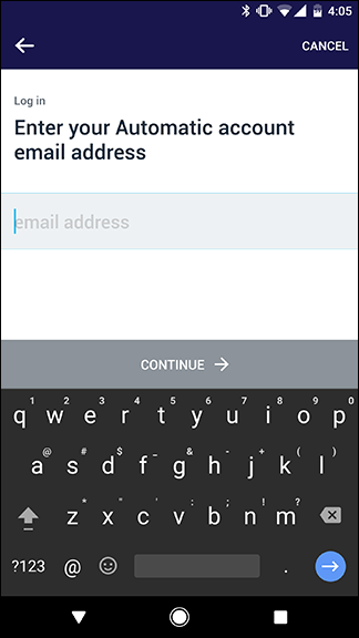 Экран ввода электронной почты и пароля в приложении Automatic