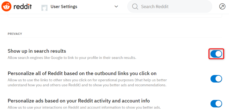 Отключение индексации профиля поисковиками в настройках приватности.