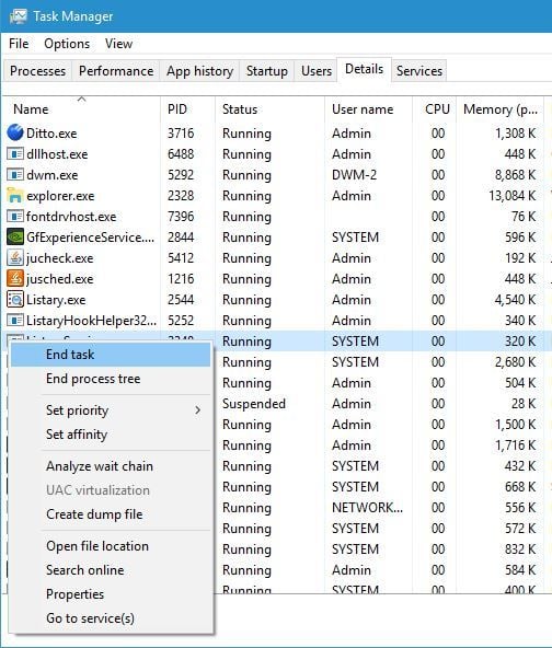 Диспетчер задач: завершение процесса LVPrcSrv.exe
