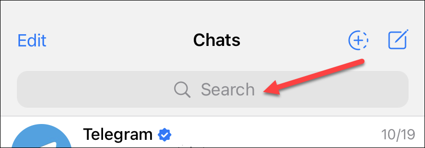 Поиск каналов в Telegram на iPhone — вкладка Чаты