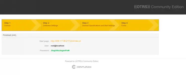 Заключительный экран инсталлятора с URL и учётными данными
