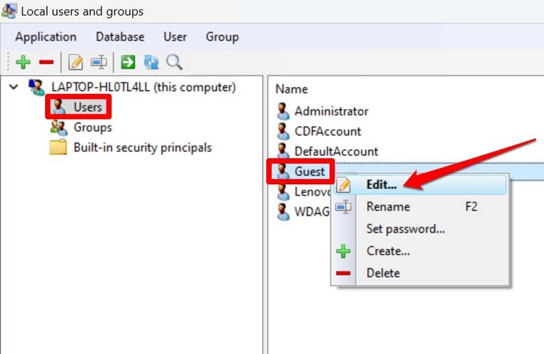 Редактирование учётной записи Guest через lusrmgr