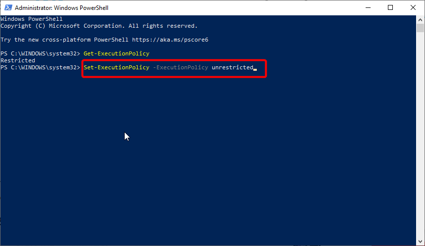Команда изменения Execution Policy в PowerShell