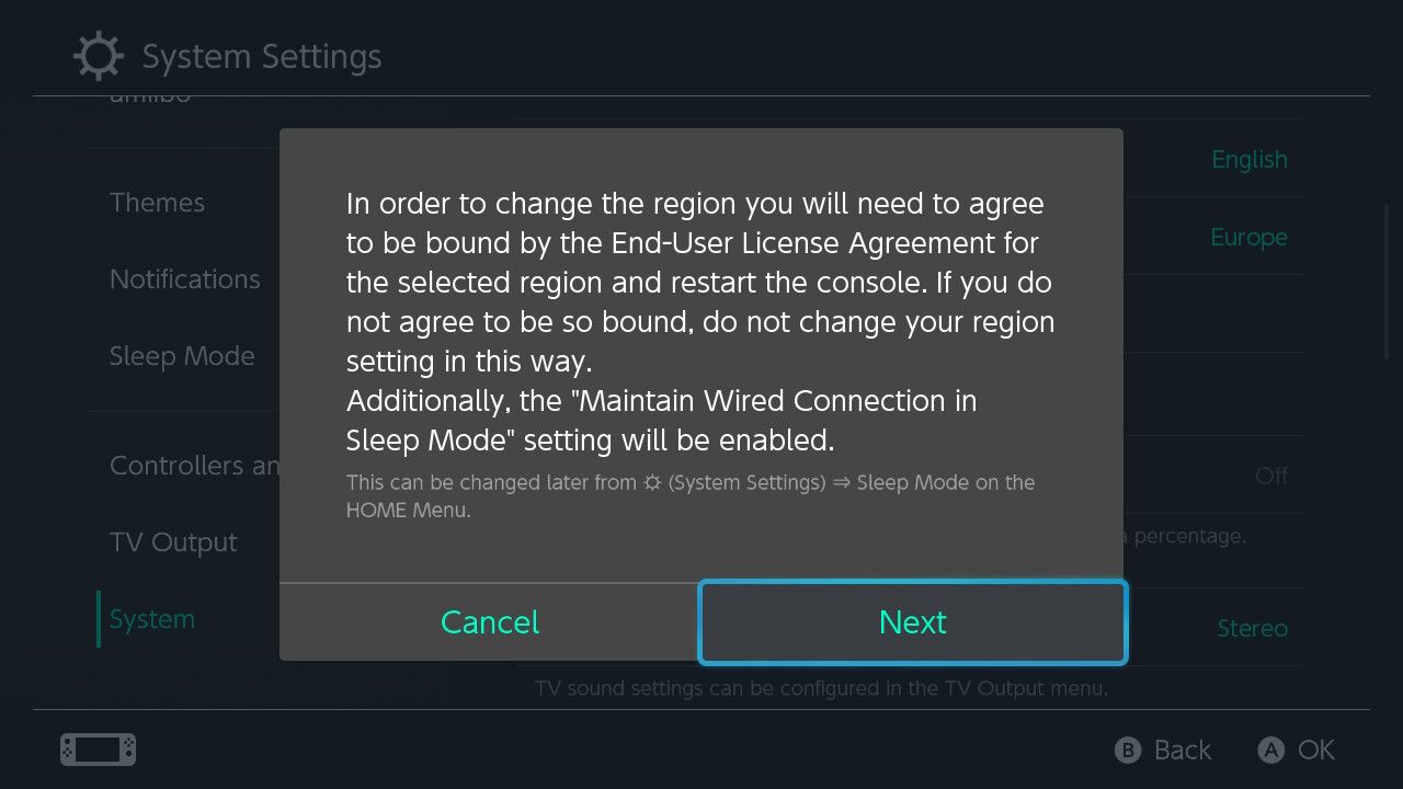 Скриншот предупреждения о Лицензионном соглашении при смене региона