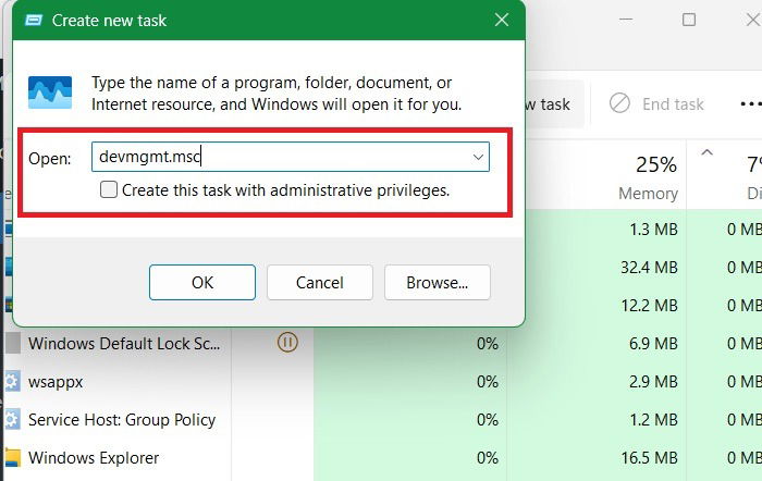 Ввод devmgmt.msc в диалог нового задания Диспетчера задач.