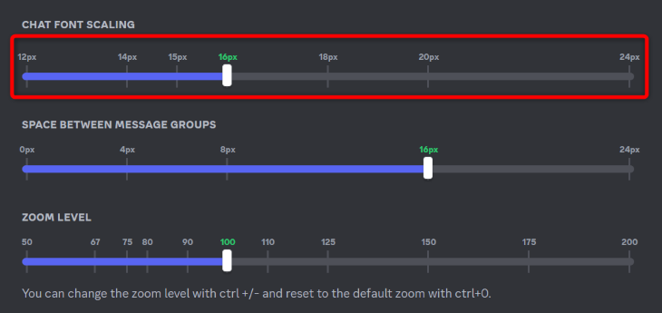 Измените масштаб шрифта в Discord.