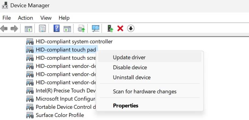 Обновление драйвера HID-поддерживаемого тачпада в Диспетчере устройств Windows