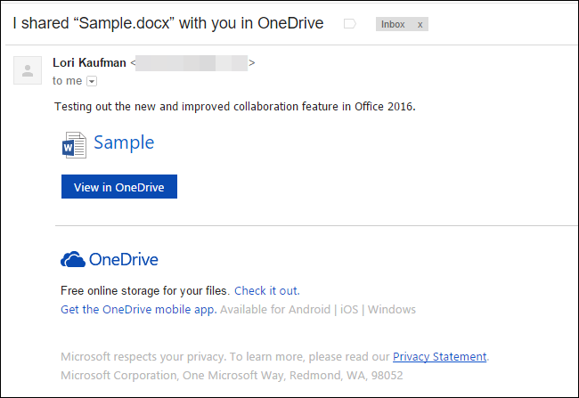 Письмо с приглашением открыть общий файл в OneDrive