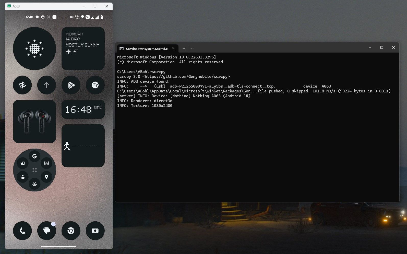 Отражение экрана Android‑телефона на ПК с помощью scrcpy
