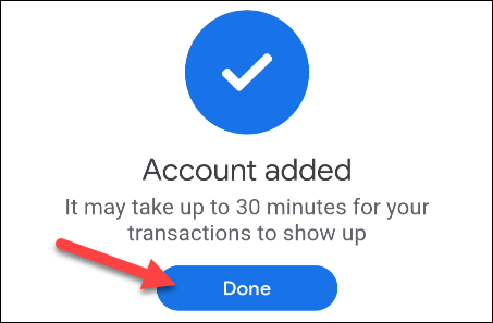 Экран подтверждения добавления счёта в Google Pay