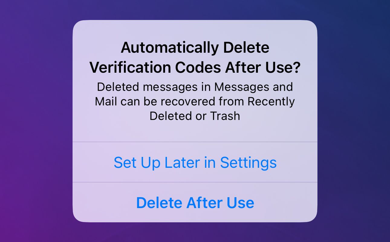 Скриншот с запросом iOS на включение автоматического удаления кодов