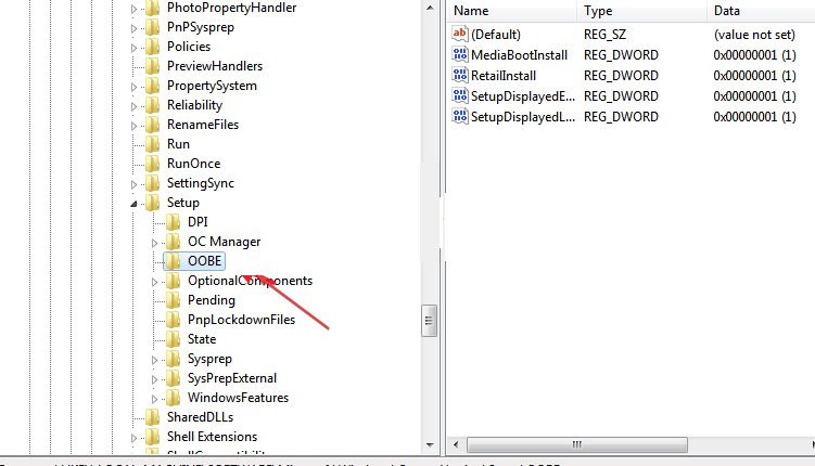 Путь в редакторе реестра к ключу OOBE