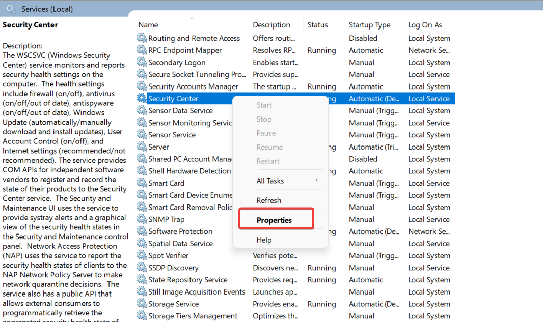 Свойства службы Центр безопасности