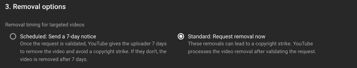 Опции планирования и отправки запроса на удаление