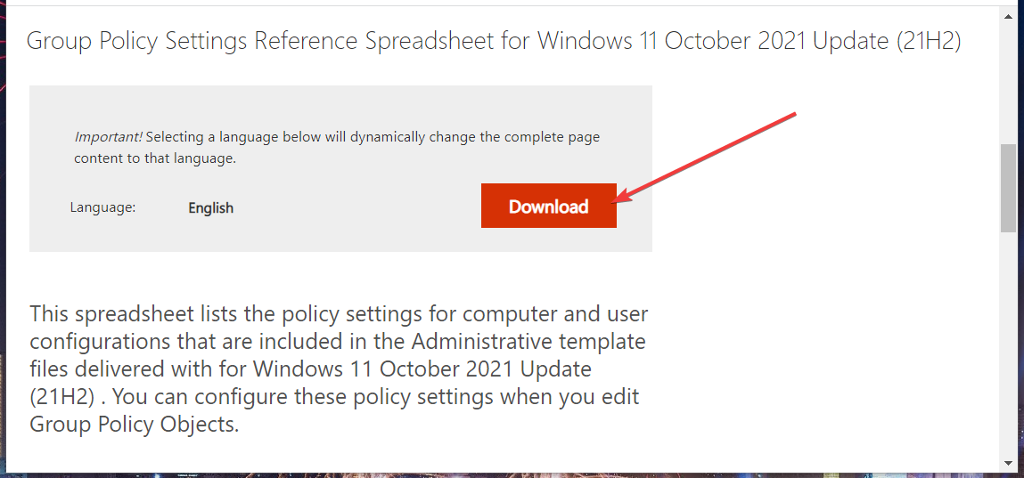 Кнопка Download для таблицы Group Policy