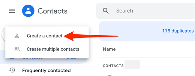 Выбор Create Contact в Google Contacts