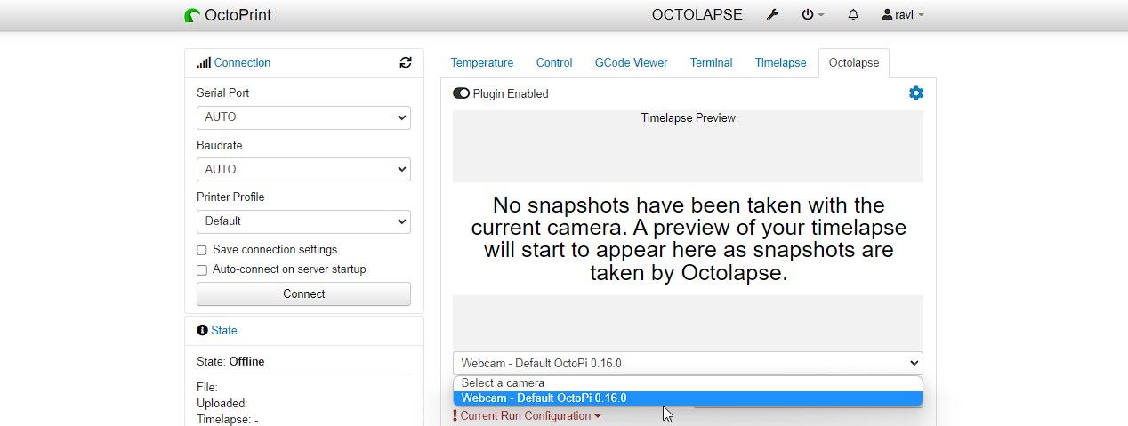 Выбор подключенной веб-камеры в настройках Octolapse