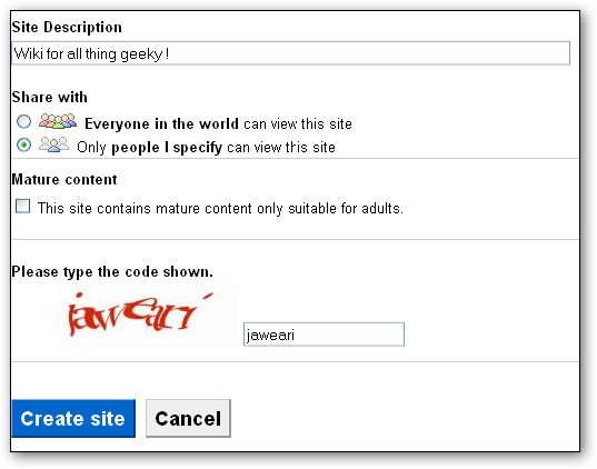 Окно настроек совместного доступа в Google Sites