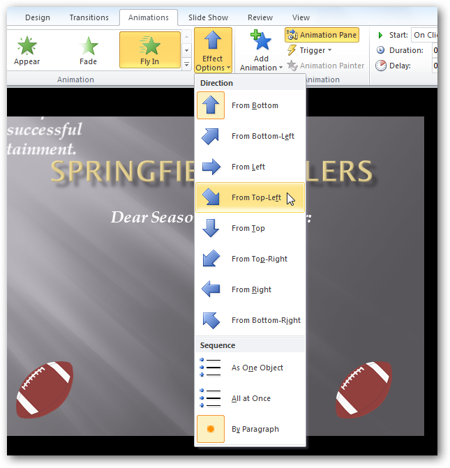 Направление анимации Fly In для текста